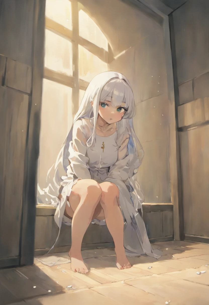 Anime girl sitting on a bench in a room with a window - SeaArt AI