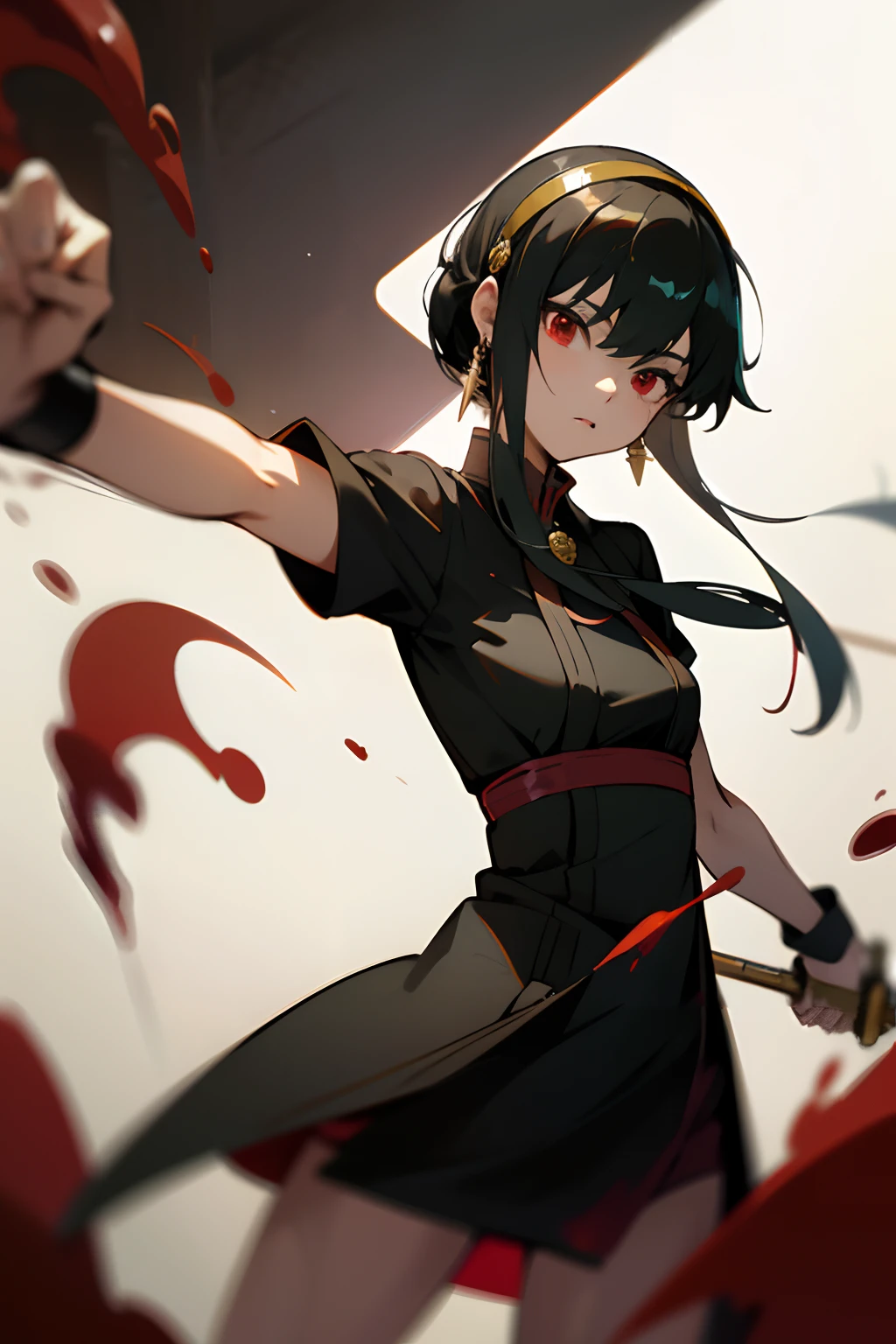 top-quality、​masterpiece、hight resolution、1girl in、Short stature、A slender、Ayolf、Black hair、short hair with long locks、Gold Hair Band、Red Eyes、Black Dress、Gold Earrings、Jewelry、With weapons、Low posture、Fighting、Unleash a kick、arm guards、Assassin、blood splashing