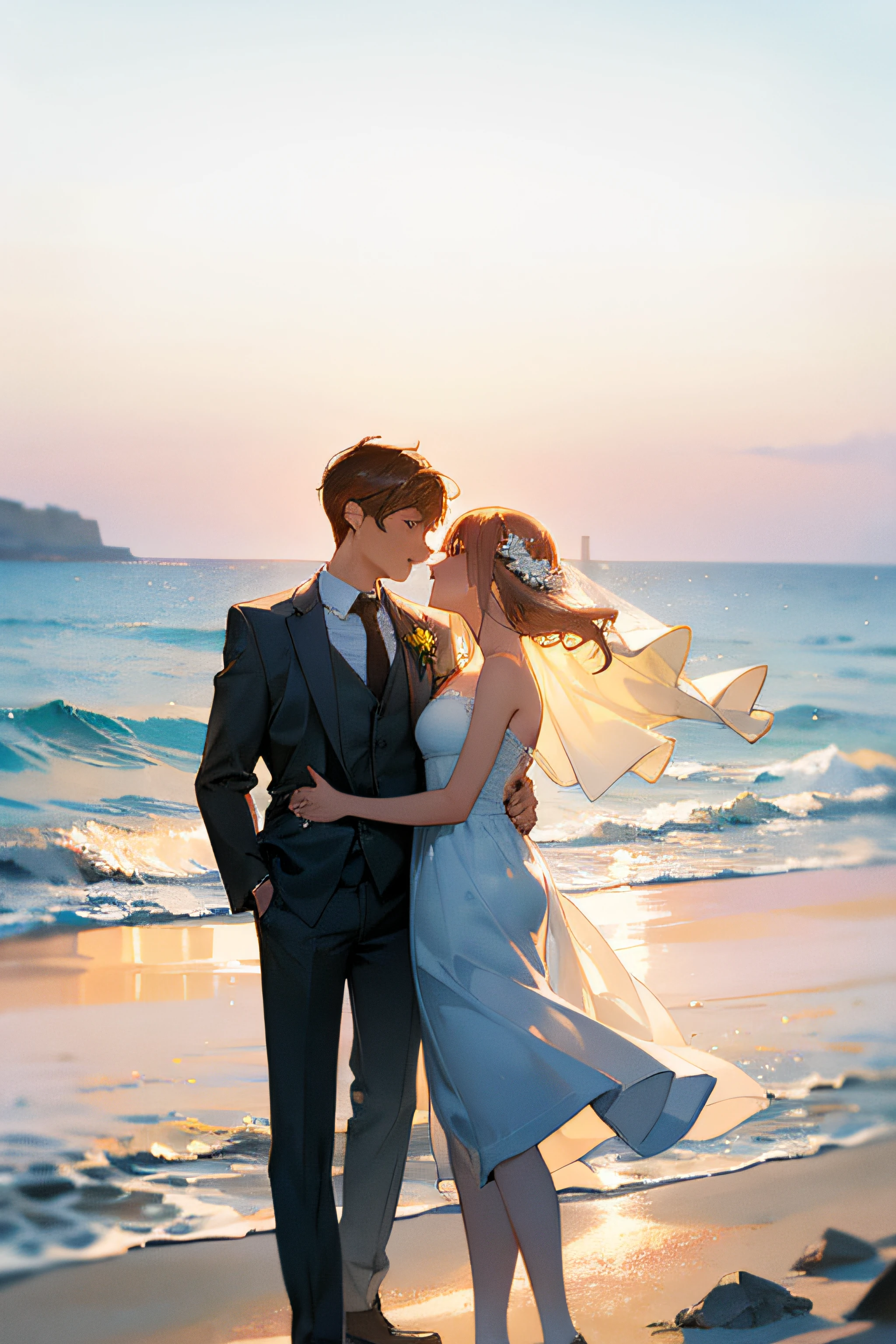 (Best quality,4K,A high resolution:1.2), Beautiful bride and groom standing on a rock by the sea,Candid wedding photography,cute couple,Portrait of love,Happy couple, Portrait of an intimate couple, Groom and bride,Romantic seaside wedding,Silhouette of the bride and groom, Beach wedding,Romantic sunset,Lovers by the sea,Romance by the sea,gentle waves, Enigmatic Atmosphere,Fantastic coastal scenery,soft golden light,Ethereal atmosphere,serene beach setting,Love and joy in the air,The whispers of the ocean, Eternal love,Breathtaking background, Eternal moments,Unforgettable memories