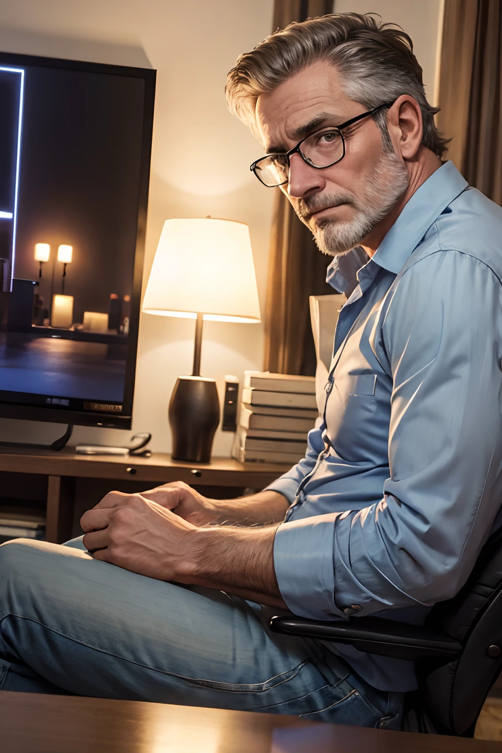 homem de 50 anos, barba curta pequena, copos, assistindo TV,