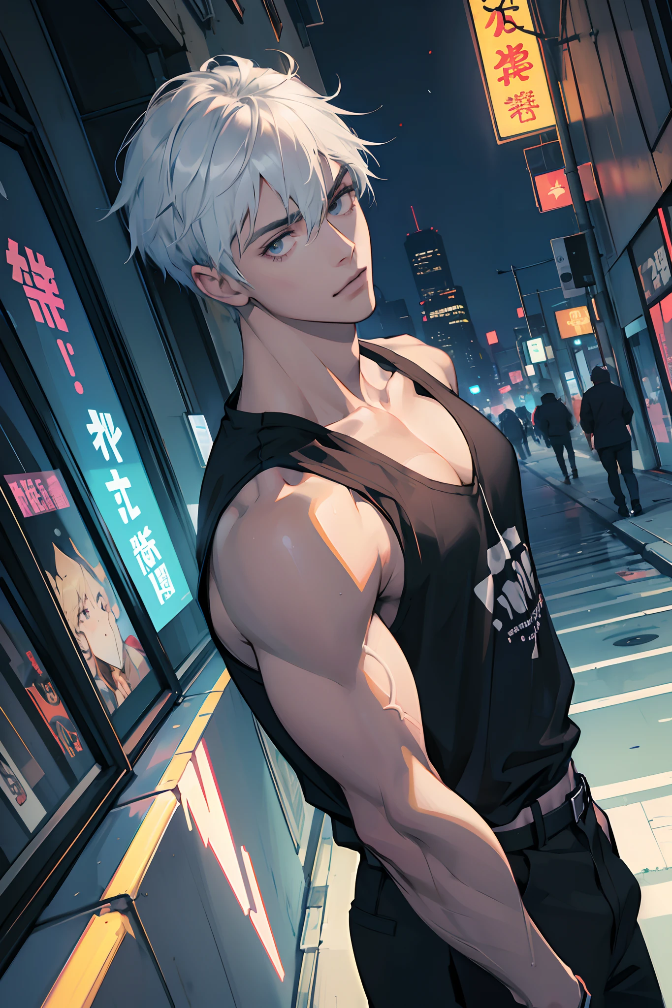 (absurdres, highres, ultra detailed, anime style), 1boy, adult, handsome, tall muscular guy, broad shoulders, finely detailed eyes and face, silver hair, short hair, hair between eyes, dark brown eyes, holographic, triad guy, white tank top, portrait, intense run, speed, neon-lit night city, Hong Kong, neon sign, skyscraper, Cyan, Magenta, (dutch angle), closed mouth
