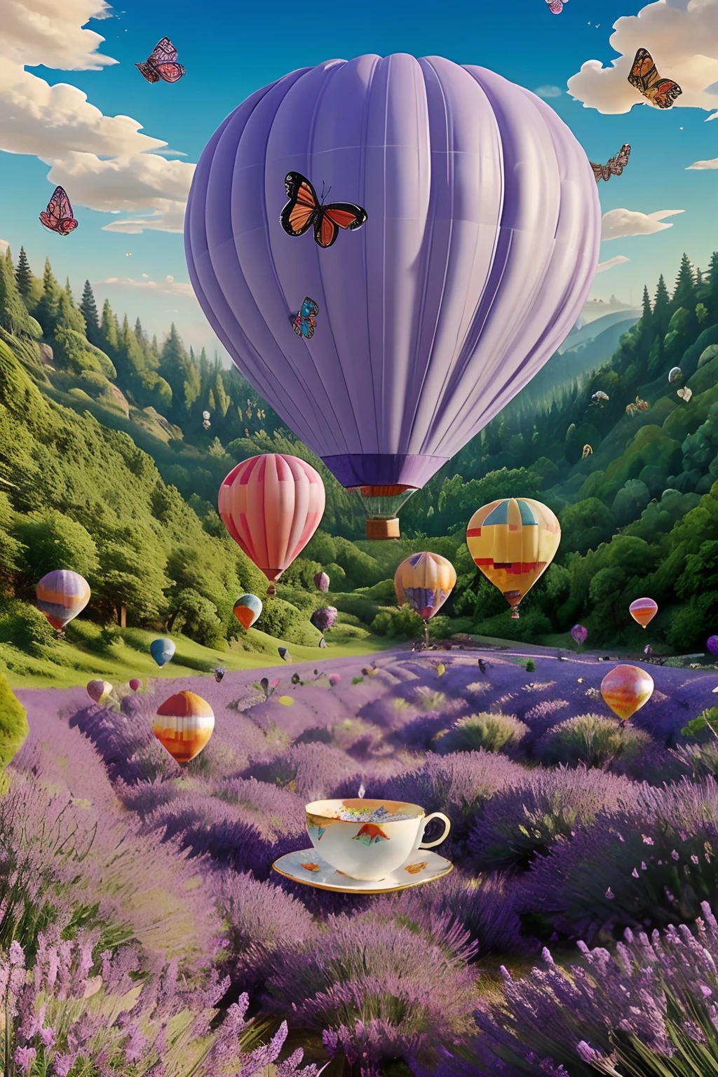 inside a glass bottle, In a surrealism painting, a (giant teacup) stands amidst a (lavender forest), pouring a torrent of (colorful butterflies) that transform into soaring (hot air balloons) above a (marshmallow city) below.