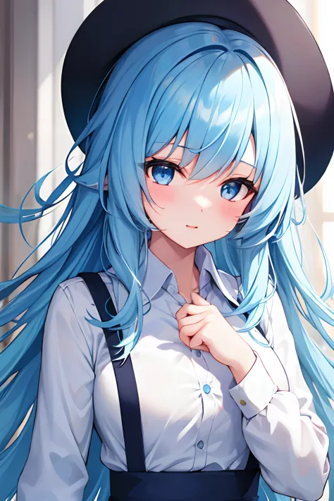 Pleasantly surprised expressions，Girl with long light blue hair，White shirt