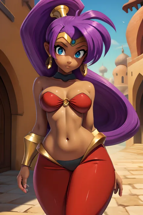 Girl Half-Jin Shantae, purple hair, Beautiful cute face, Innocent, Charming, embarrassed expression, Facing the camera, dark-skin, Skin color-mulatto, Body glare, ((pretty eyes)), Cyan eyes, ((Perfect Sexy Figure)), Ideal body shapes, big thighs, ((Subtle ...