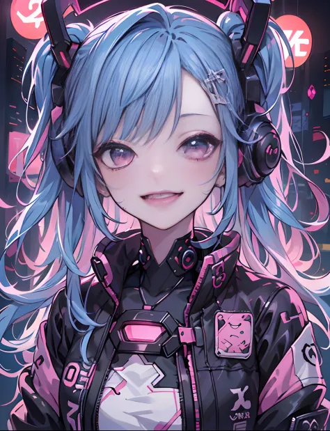Anime masterpiece, best quality, (((laughing teenaged cyberpunk girl ((wearing detailed Harajuku tech jacket)) posing for portrait))), (((Harajuku cyberpunk clothing)))), (bold colors and patterns), eye-catching accessories, trendy and innovative hairstyle...