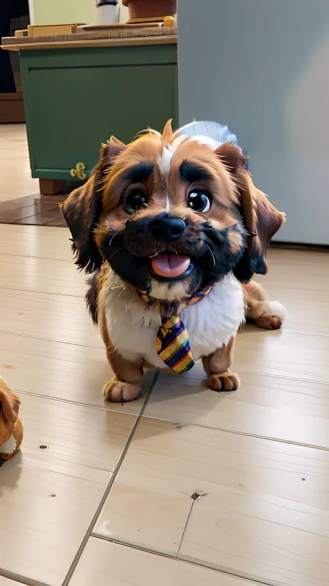 There's a small dog sitting on a tiled floor with a tie around his neck, peludo bonito precisa de sua ajuda, Shih Tzu, havanese dog, 2 anos, an afghan male type, aw, Directed by: Emma Andijewska, with a happy expression, happily smiling at the camera, um b...