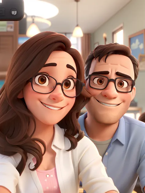 There's a couple with a man with black hair and glasses and a gorgeous woman with brown hair and disney pixar style glasses, sorrindo, uma selfie.