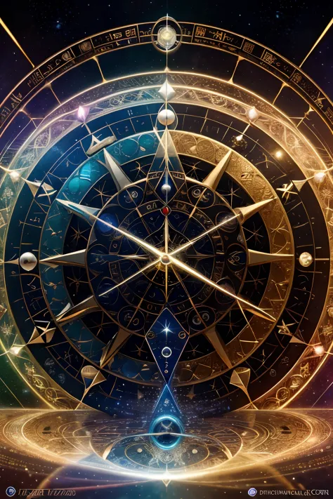 Alafard's image of a circular clock with seven jewels with the colors of the rainbow Infinity Space Clock Background, astrolabe, Star - Futurist's Gate, inter dimensional clockwork, geometria e astrologia, interplanetary cathedral, interstellar vortex thro...