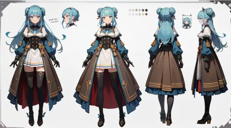 (Masterpiece, highest quality)), detailed face, character sheet, Full body, full of details, multiple poses and expressions, highly detailed, depth, many parts, 1girl, white skirt, gloves, stockings, long sleeves, blue hair, space buns hair, long hair, blu...