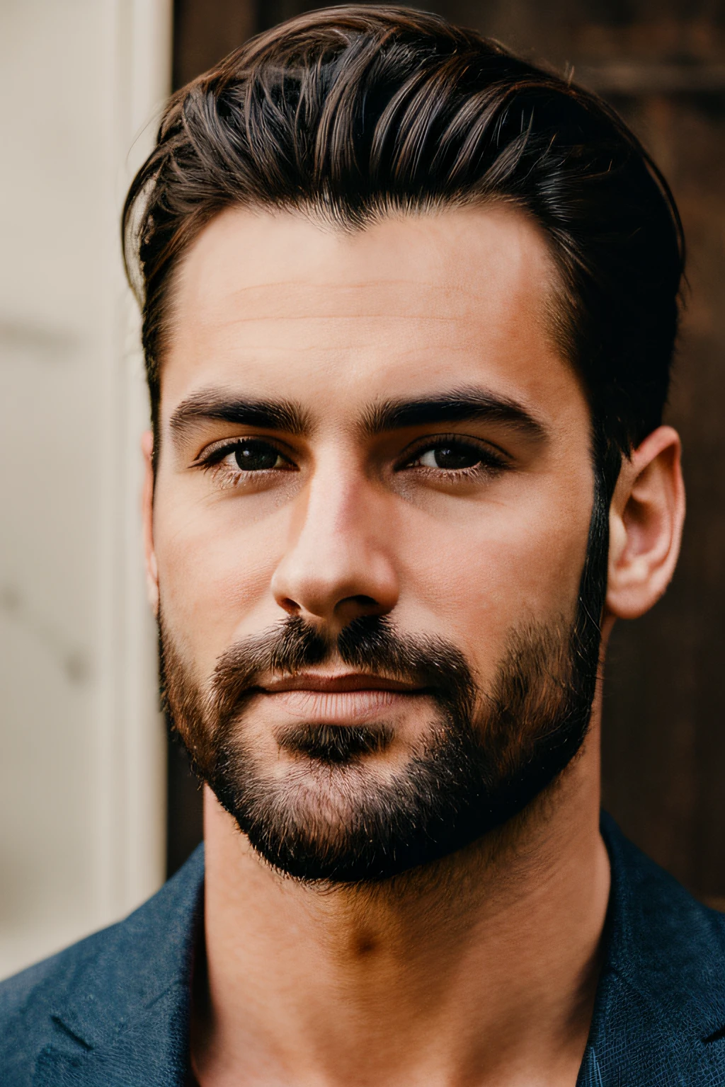 A close up of a man with a beard and a blue shirt - SeaArt AI