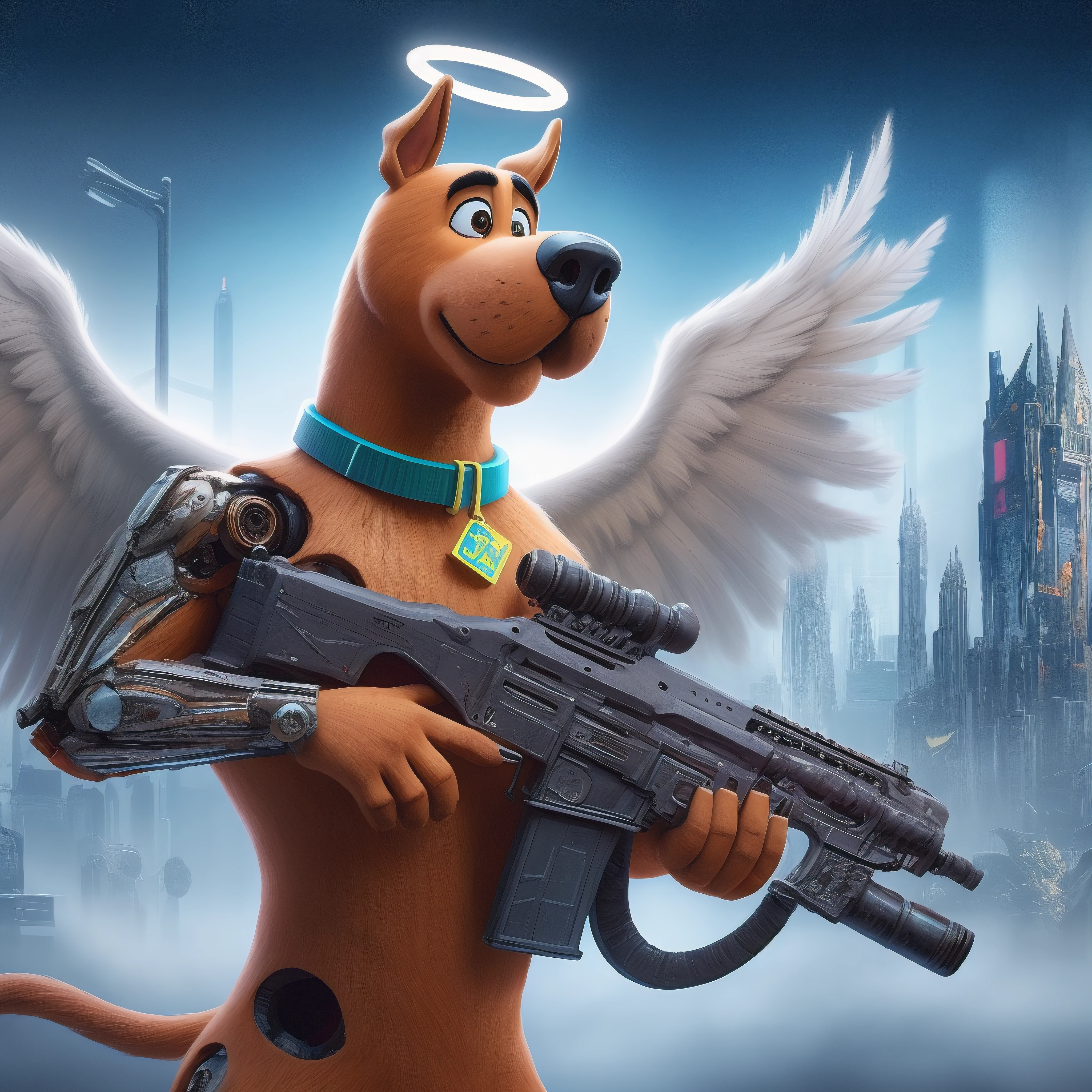 un perro de dibujos animados con una pistola y alas de ángel en una ciudad, arte generado por computadora, perro cyborg, perro como dios, película animada, 3 d película animada, película animada, foto de perfil 1024px, muerte and Robots, película animada shot, muerte + Robots series of netflix, love muerte + Robots, sabueso borg vorestation, imagen promocional de la película