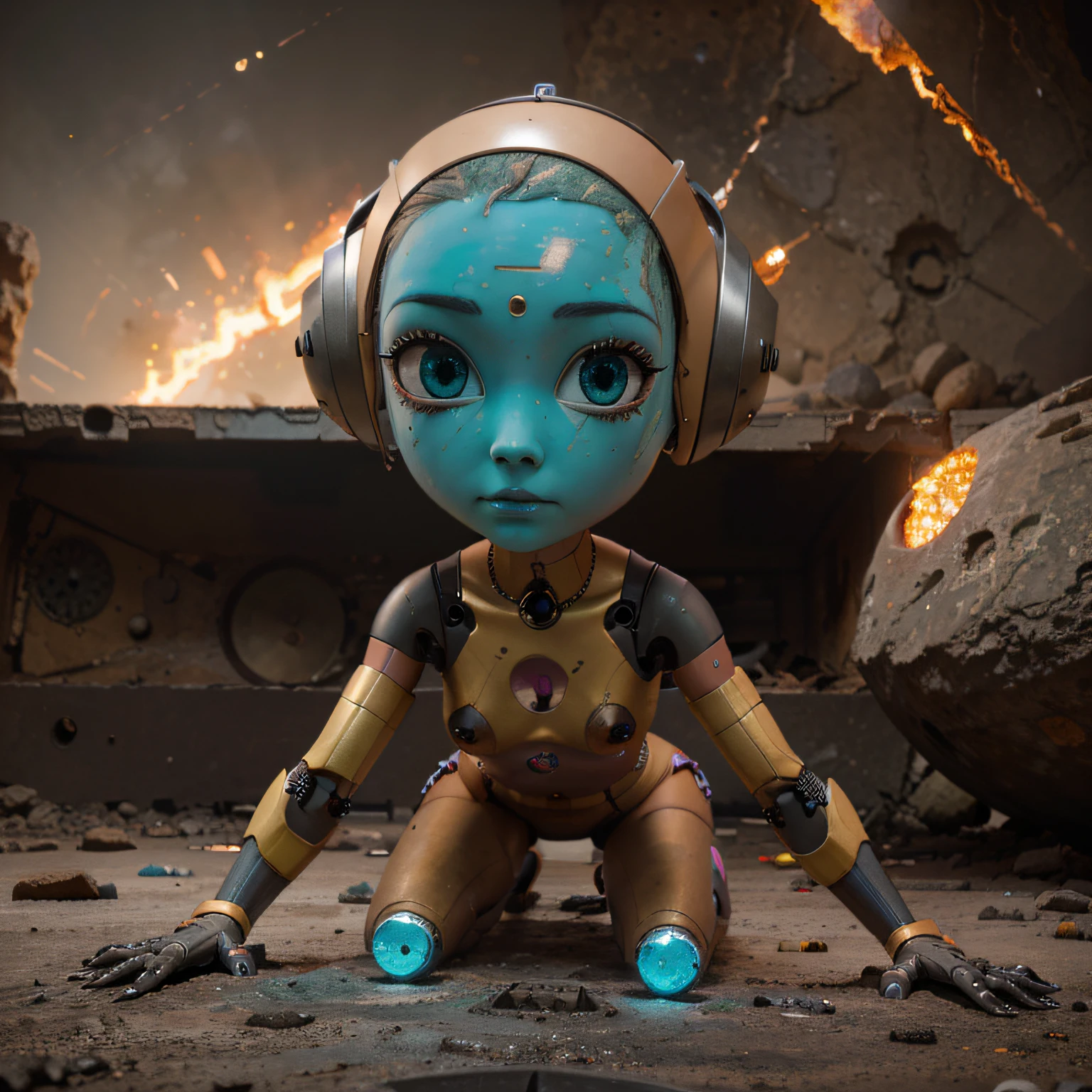 A toon Crazy Only Eye Robot Sexy Girl, tongs in hands, Tv head, pinhead, Yellow Pink Cyan Rusty, Ambient in a meteorite crater super detailed, center, beautiful, soft lighting, focused on the character, 4K resolution, photorealistic rendering,