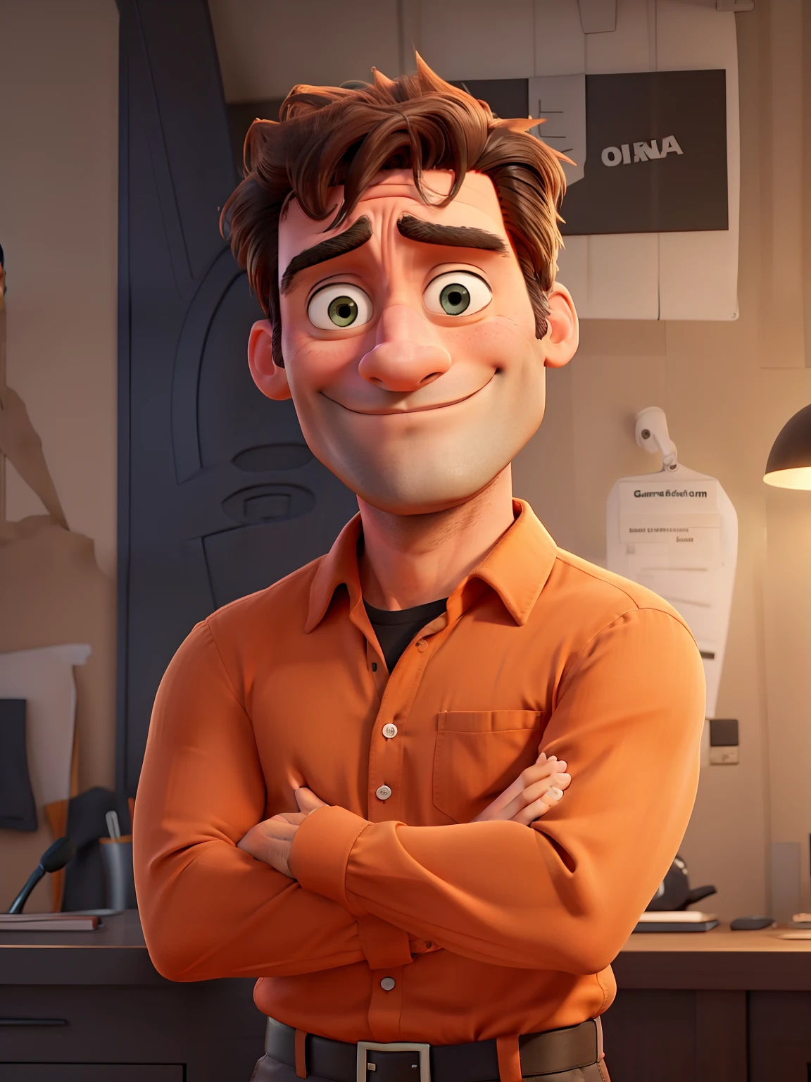 Jon Hamm, Cartoons in orange shirt and black pants, arms crossed, olhando para frente e sorrindo com os dentes aparecendo;