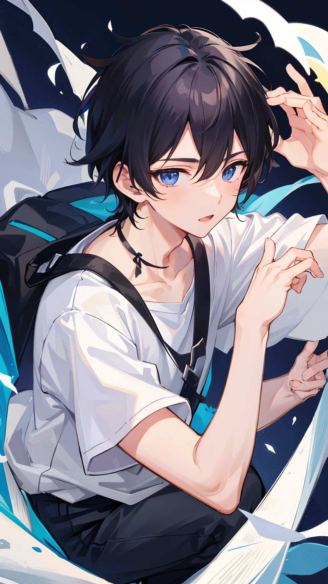 Anime boy with blue eyes and backpack in the water - SeaArt AI