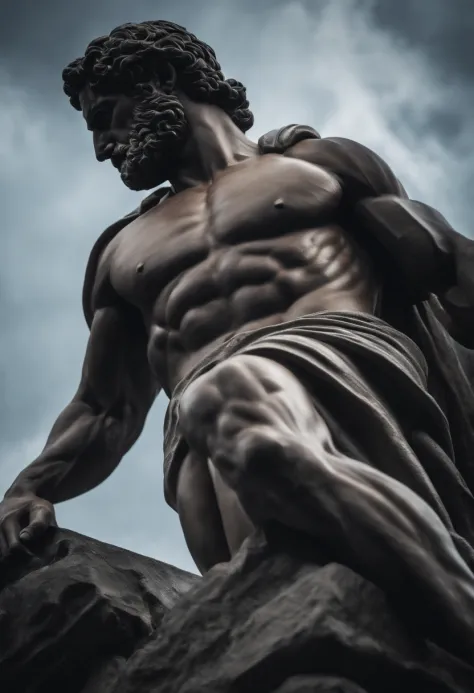 Cinematic Stoic Seneca Statue Hercules Style 4K, with muscles and dark background.