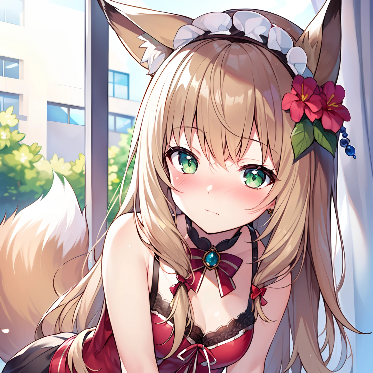 (Masterpiece, Best quality, high resolution), 1girll, Solo, Oversized fox tail，Long brown hair，Green eyes，Small flower headdress, (13-year-old junior high school student)，Modern architecture，(Blushing:1.3),A MILF, Close-up of lower body，