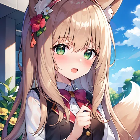 (Masterpiece, Best quality, high resolution), 1girll, Solo, Oversized fox tail，Long brown hair，Green eyes，Small flower headdress...