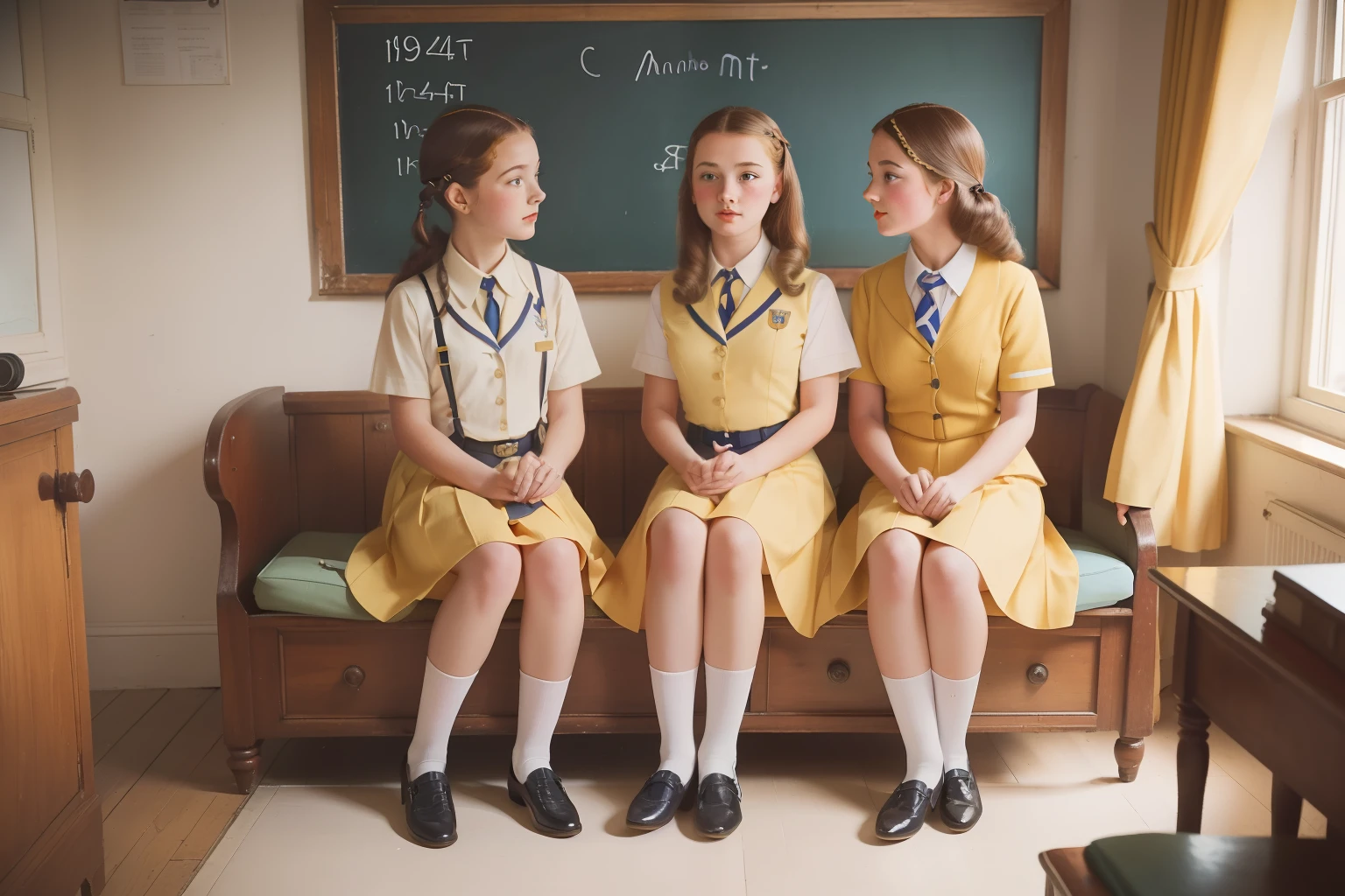 Three girls in school uniforms sitting on a bench in front of a ...