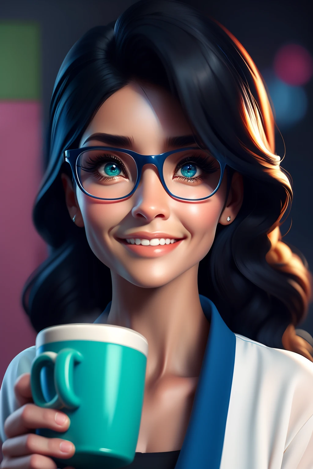 premier travail, meilleure qualité, Travail de rendu 3D, Style 3DMM, Fermer, Portrait, 3D, femme de 43 ans, d&#39;abord le design, yeux marrons, lunettes noires, cheveux noirs moyennement ondulés, sourire avec des appareils orthodontiques souples, 80 kg en surpoids, porte un chemisier bleu clair, manches longues avec volume, tenant une tasse de café, à côté d&#39;une table d&#39;étude, sur la table un ordre du jour ouvert, des stylos, des crayons. Noyaux couleur bonbon, Mignon