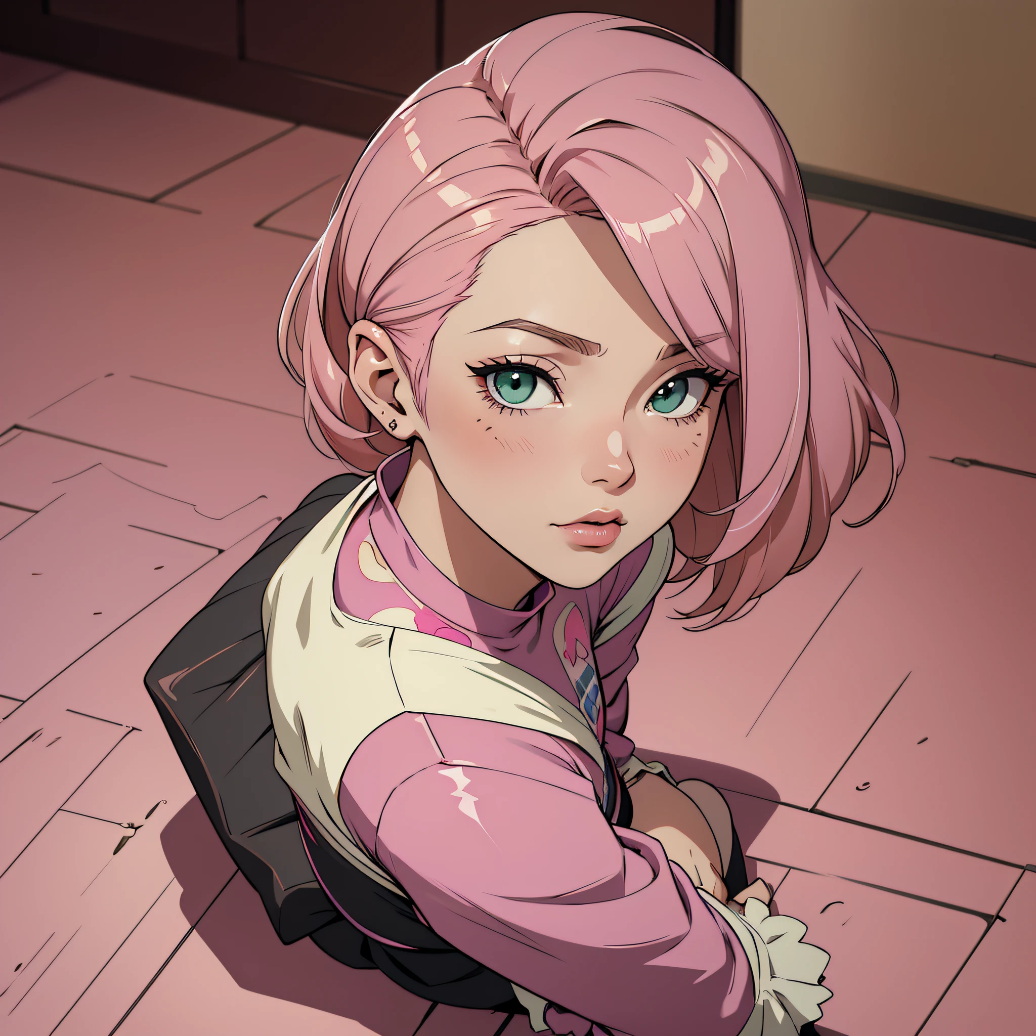 Anime girl with pink hair and blue eyes sitting on the floor - SeaArt AI