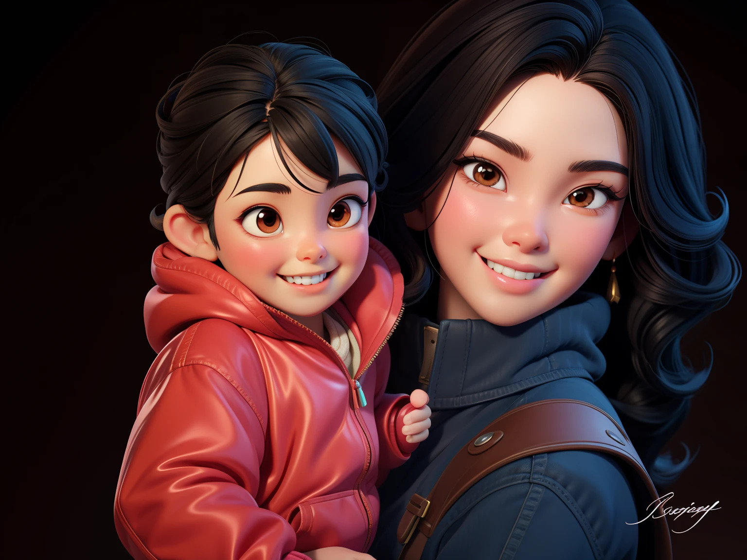 masterpiece, best quality, 3d rendering work, 3DMM style, close-up, portrait, 3D, Asian woman with baby girl, beautiful skin, brown eyes, medium wavy black hair, sweet smile, 80 kg overweight, gradient background. Colors Candy color, cute