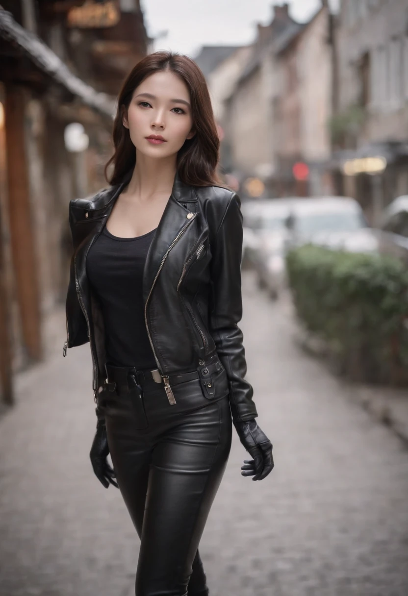 a woman in black leather pants and a black jacket - SeaArt AI