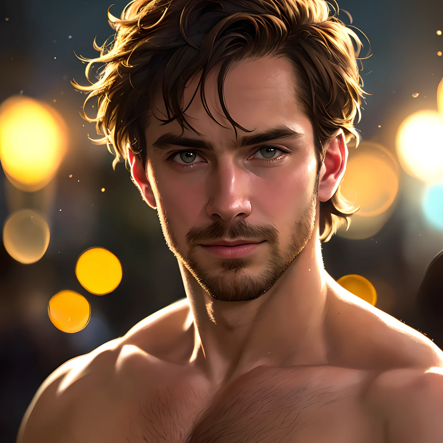 obra maestra, mejor calidad, primer plano usado, guapo papi desaliñado sin camisa, (bokeh), Realista, iluminación dramática, atmosférico, Detalle intrincado