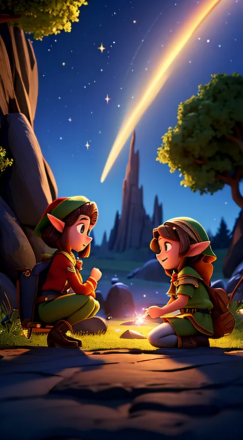 masterpiece: elves admire meteorites, meteors falling from the twilight sky (best quality, 8k, treble, masterpiece: 1.2)