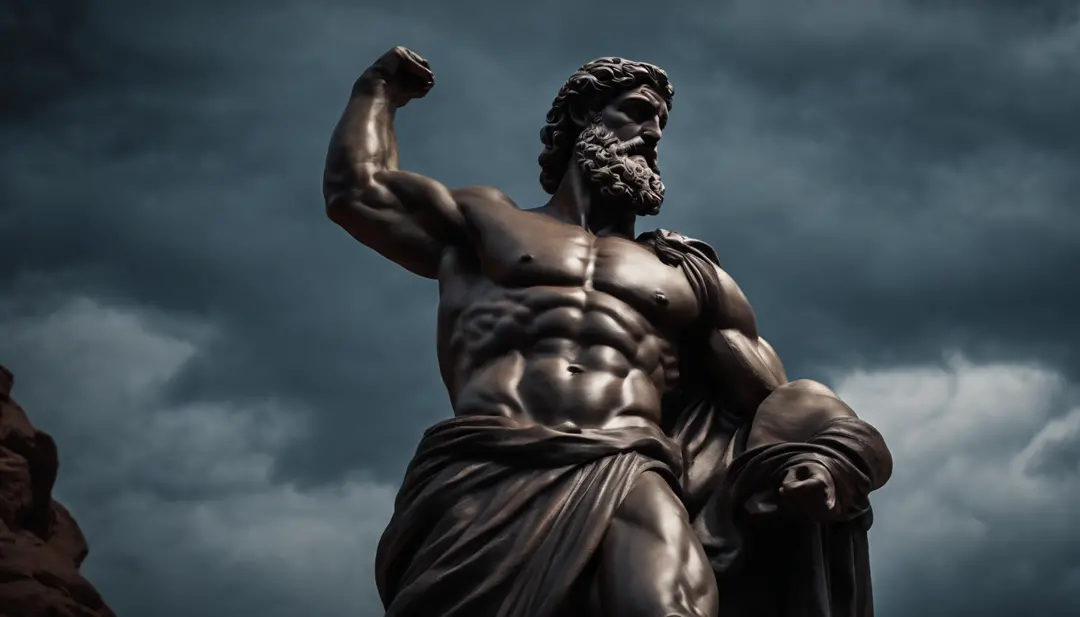 Cinematic Stoic Epictetus Statue Hercules Style 4K, with muscles and dark background.