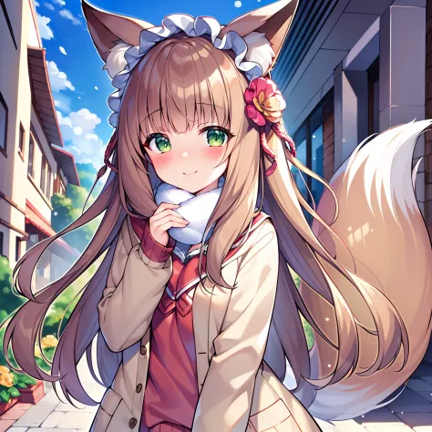 (tmasterpiece，Highest high resolution，8k wallpaper，Highest drawing quality)，1girll，Solo，(Huge fox tail)，Brown hair long，Green ey...