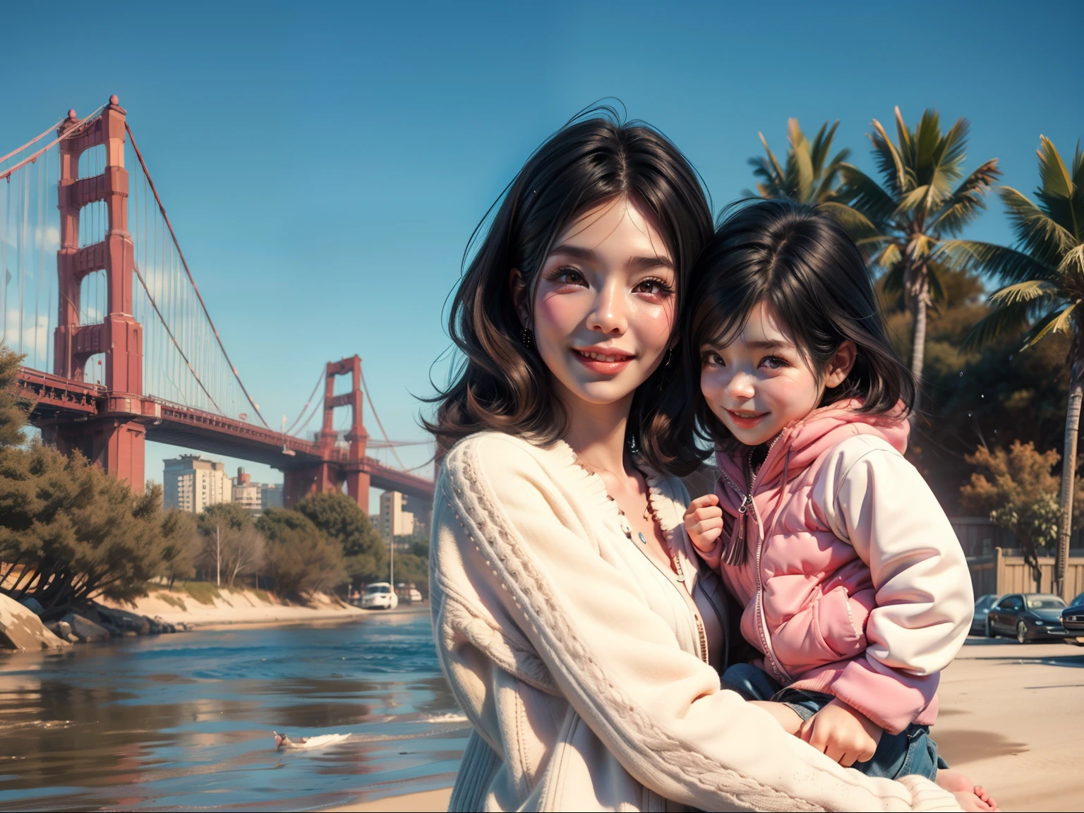 masterpiece, best quality, 3d rendering work, 3DMM style, close-up, portrait, 3D, Asian woman with little girl, beautiful skin, brown eyes, medium wavy black hair, sweet smile, red bridge background, 80 kg overweight, gradient background. Colors Candy color, cute