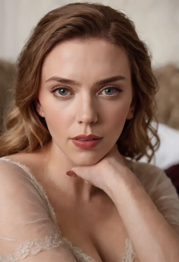 Vista frontal de Scarlett Johansson,  sentada na cama, langerie branca, costas nuas.
