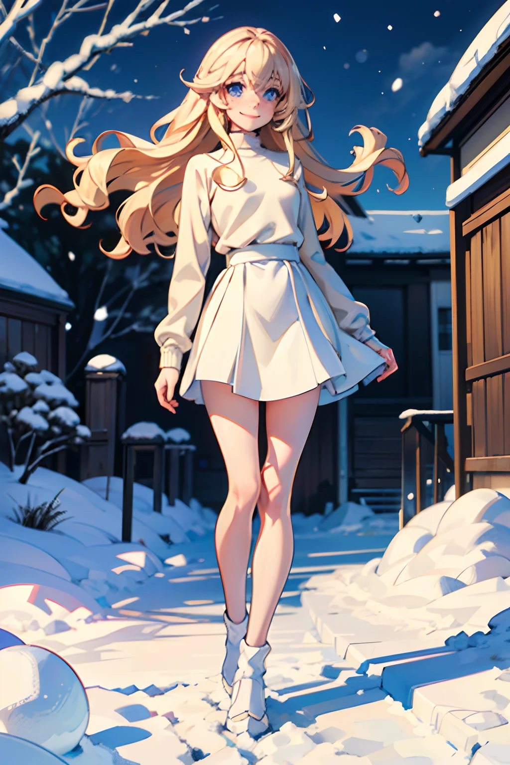 (best-quality:0.8), (best-quality:0.8), pale skin, long blonde hair, curly hair, light blue eyes, feminine, freckles, petite, beige sweater, outdoors, snowy background, bright lighting, smiling, looking at viewer, full body