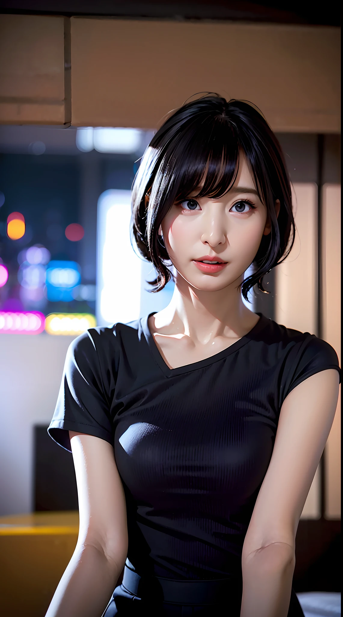 hyper realistic lifelike texture dramatic lighting unreal engine trending on art station, award winning photo, nikon RAW photo,8 k, Fujifilm XT3,masterpiece, best quality, realistic, photorealistic, ultra detailed, extremely detailed face, solo,1girl, standing, fashionable and trendy atmosphere, high-end makeup products, and a stylish expression on her face, close up, t-shirt