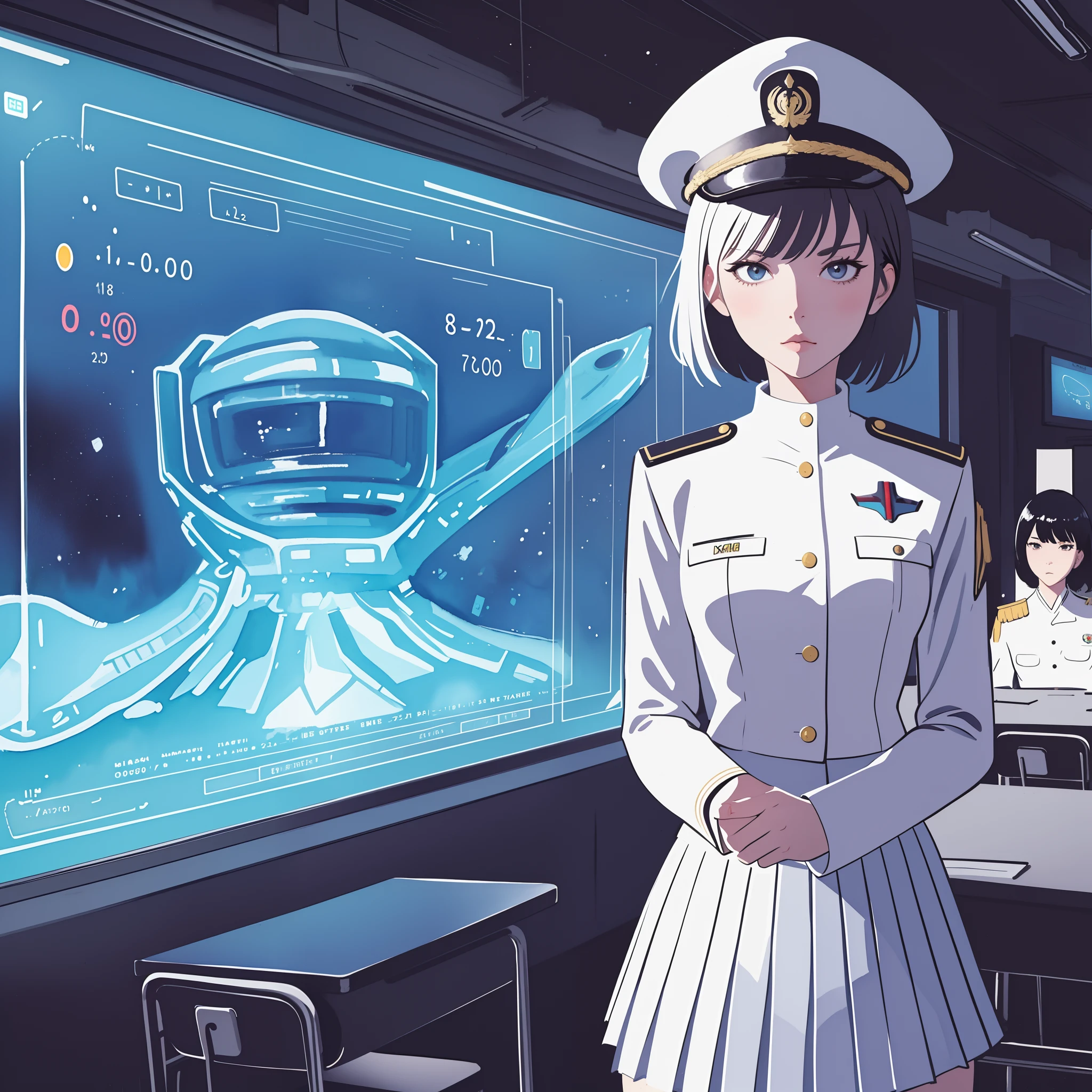 (masterpiece:1.2, best quality), 1girl, teen girl, white space cadet uniform, military hat, short pleated skirt, serious, stressed, standing by holographic board displaying math shapes, exam in classroom, spaceship interiors, sci-fi,  futuristic, anime minimalist, watercolor