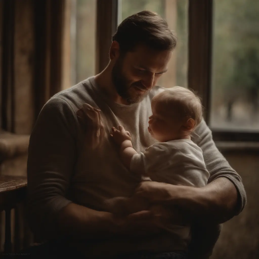 a father holding his son's hand, affectionate embrace, candid and intimate moment, tender connection, fatherly love, gentle touch, peaceful and serene atmosphere, natural lighting, warm and harmonious colors, soft and delicate skin tones, intimate details,...