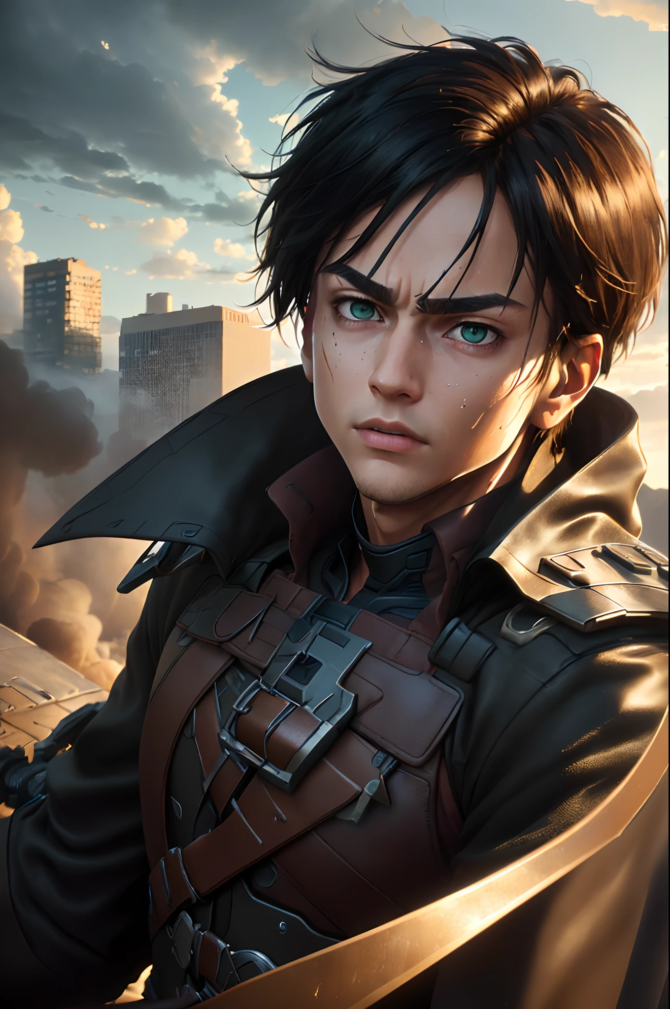 (Best Quality,4k,8k,highres,巨作:1.2),A highly detailed,(Realistic,Realistic Photos,Realistic Photos:1.37),portrait,anime,Yeager Sky,boy,10 years old,,dark hair,Intense look,pale skin,Leather military uniform,,Feather has,Golden accents,green eyes ,Detailed lashes,Facial features min m atmosphere),(An ominous sky),(Thick smoke),(dramatic lighting),(intense shadows),(Dark color palette:1.1),(epic),(Cinematic),(dynamic poses),(The destroyed city skyline),(),(determined),(Fear),(Epic battles),(Vertical Maneuvering Equipment),(Supreme Oakton),(Slaughter Titan),(Personal development),(Intense emotions)。(Best Quality,highres:1.2),(Realistic),(concept art:1.1),(bright colours),(sharp focus),(Detailed textures:1.1),(Realistic Photos:1.37),(hdr:1.