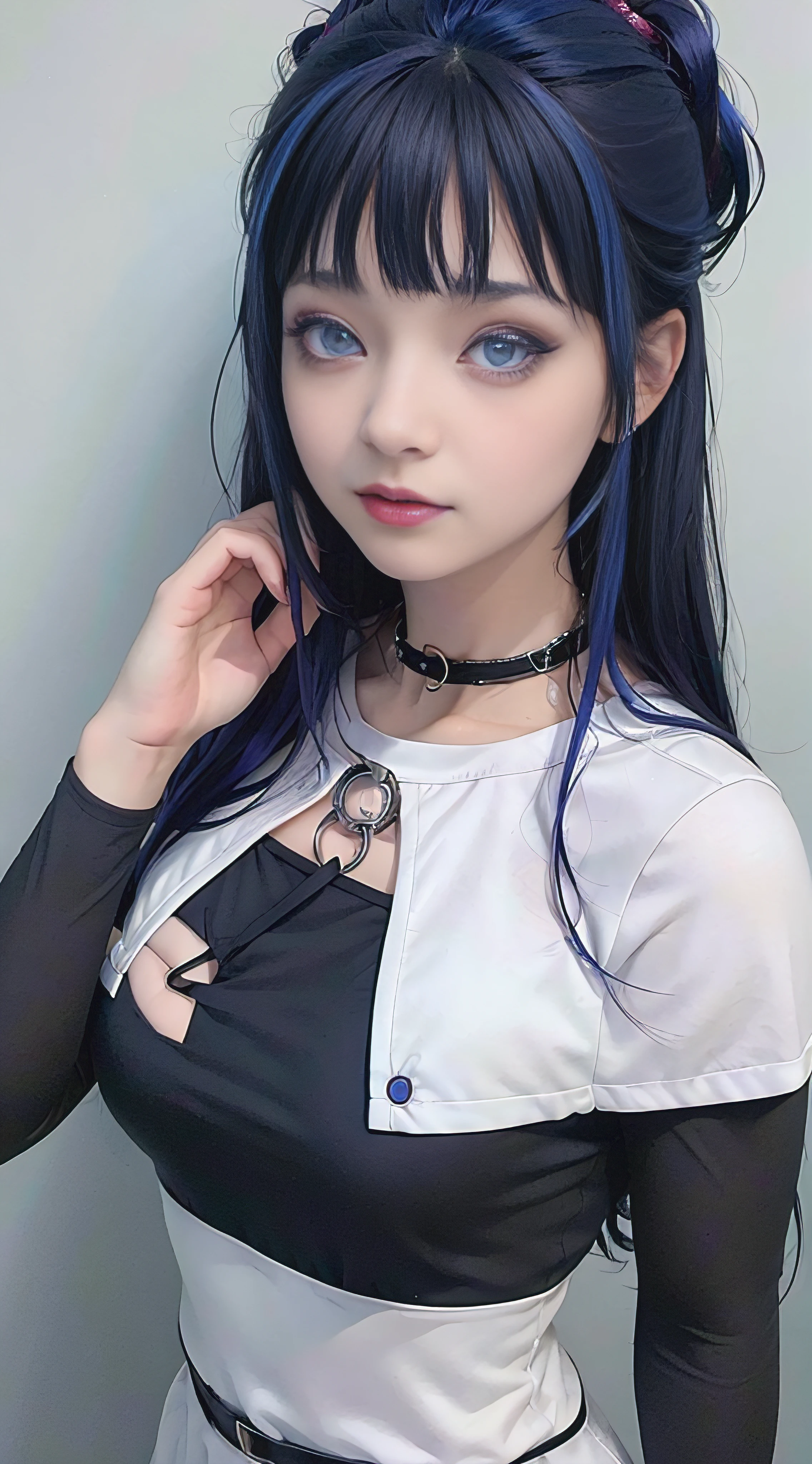 A close up of a woman with blue hair wearing a black and white dress -  SeaArt AI