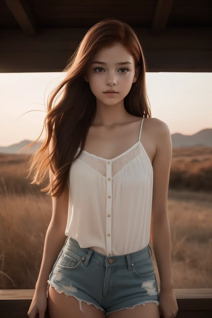 young girl,  redhead,  cinematic, The portrait showcases a young (redhead girl:1.6) with a shy and innocent demeanor,  blueish eyes,  sensual slim face,    big lips,  naked,  BIG TITS and shorts,  Her hair is styled sleek and straight,  elegantly framing h...