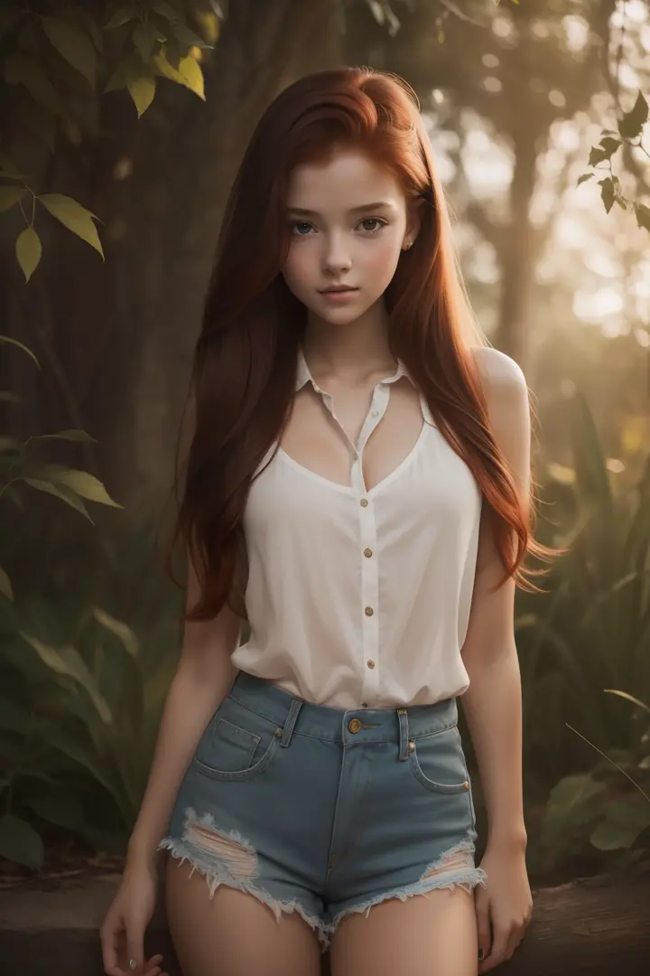 young girl,  redhead,  cinematic, The portrait showcases a young (redhead girl:1.6) with a shy and innocent demeanor,  blueish e...