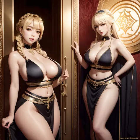a Very very sexy exotic priestess, pervert, very cute smiling priestess, huge Anime eyes, revealing outfit, skirt with a high slit, crop top, curvy, Slim form, large breasts, round ass, slim waist, Little mouth, very thick lips, almond-shaped eyes, braided...