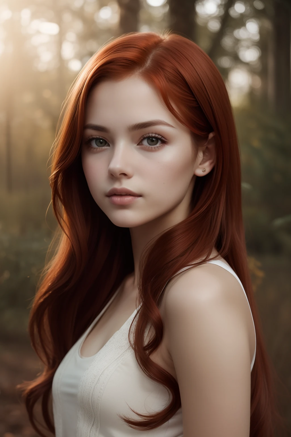 A woman with long red hair and a white top in the woods - SeaArt AI