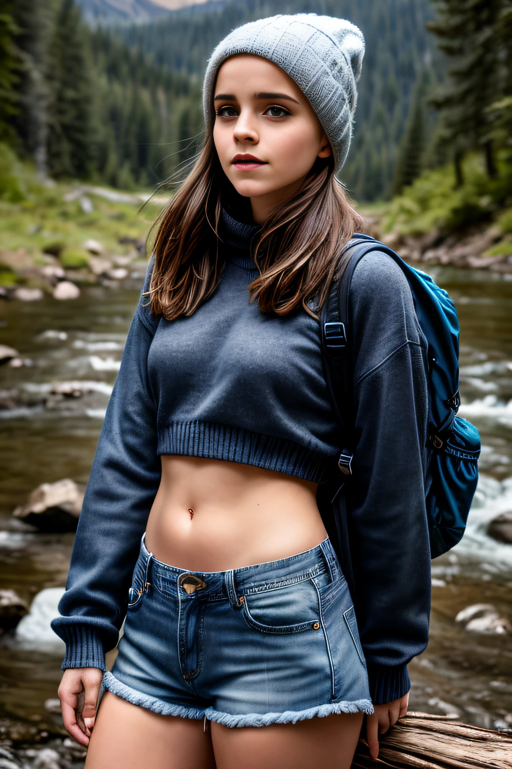 1girl, Emma Watson, ((upper body happy)), masterpiece, best quality, ultra-detailed, solo, outdoors, (night), mountains, nature, (stars, moon) cheerful, happy, backpack, sleeping bag, camping stove, mountain boots, gloves, mini sweater top, bare belly, hat, flashlight, forest, rocks, river, wood, smoke, shadows, contrast, clear sky, Jeans minishort, analog style, (look at viewer:1.2), (skin texture), (film grain:1.3), (warm hue, warm tone :1.2), close up, cinematic light, sidelighting, ultra high res, best shadow, RAW, upper body, wearing pullover top.