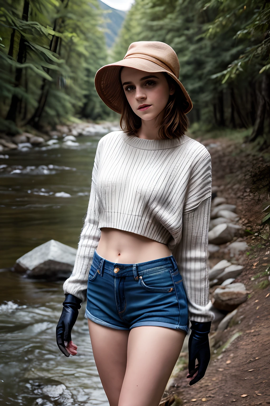 1girl, Emma Watson, ((upper body happy)), masterpiece, best quality, ultra-detailed, solo, outdoors, (night), mountains, nature, (stars, moon) cheerful, happy, backpack, sleeping bag, camping stove, mountain boots, gloves, mini sweater top, bare belly, hat, flashlight, forest, rocks, river, wood, smoke, shadows, contrast, clear sky, Jeans minishort, analog style, (look at viewer:1.2), (skin texture), (film grain:1.3), (warm hue, warm tone :1.2), close up, cinematic light, sidelighting, ultra high res, best shadow, RAW, upper body, wearing pullover top, walkiing on a river