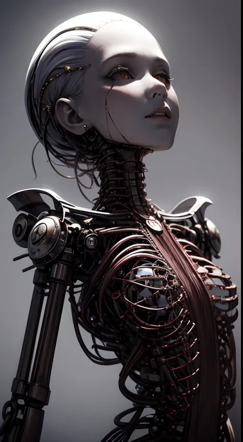 (((Masterpiece))), ((Best Quality)), (Super Detail), (CG Illustration), (Very Evil and Beautiful)), Cinematic Light, ((1 Mechanical Girl)), Single, (Mechanical Art: 1.4), ((Mechanical limb)), (Blood vessel attached to a tube), ((Mechanical spine attached t...