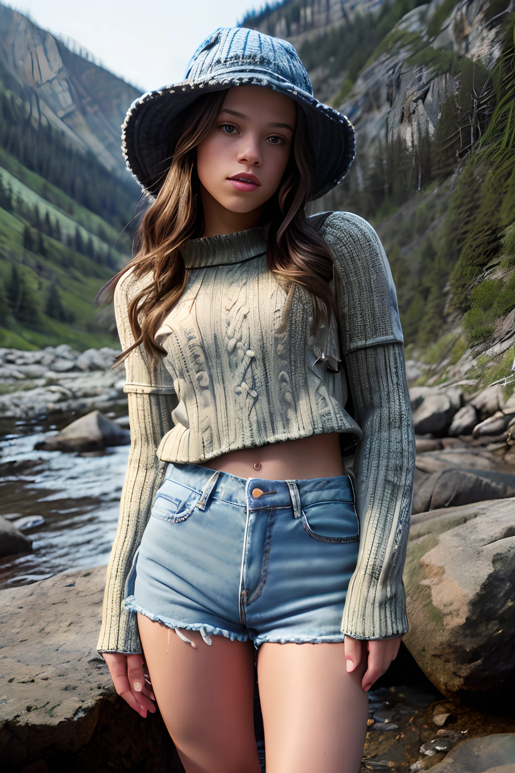 1girl, Jenna Ortega, ((upper body happy)), masterpiece, best quality, ultra-detailed, solo, outdoors, (night), mountains, nature, (stars, moon) cheerful, happy, backpack, sleeping bag, camping stove, mountain boots, gloves, mini sweater top, bare belly, hat, flashlight, forest, rocks, river, wood, smoke, shadows, contrast, clear sky, Jeans minishort, analog style, (look at viewer:1.2), (skin texture), (film grain:1.3), (warm hue, warm tone :1.2), close up, cinematic light, sidelighting, ultra high res, best shadow, RAW, upper body, wearing pullover top.