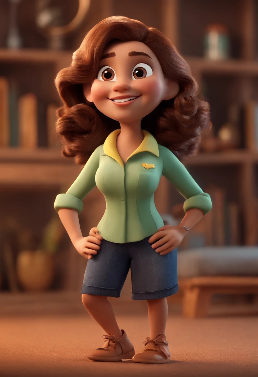 A cartoon girl in a green shirt and blue shorts stands in front of a  bookcase - SeaArt AI