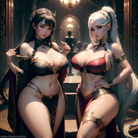 a Very very sexy dragon priestess, pervert, very cute smiling Vampire, huge Anime eyes, revealing outfit, skirt with a high slit, crop top, curvy, Slim form, large breasts, round ass, slim waist, Little mouth, very thick lips, almond-shaped eyes, braided h...