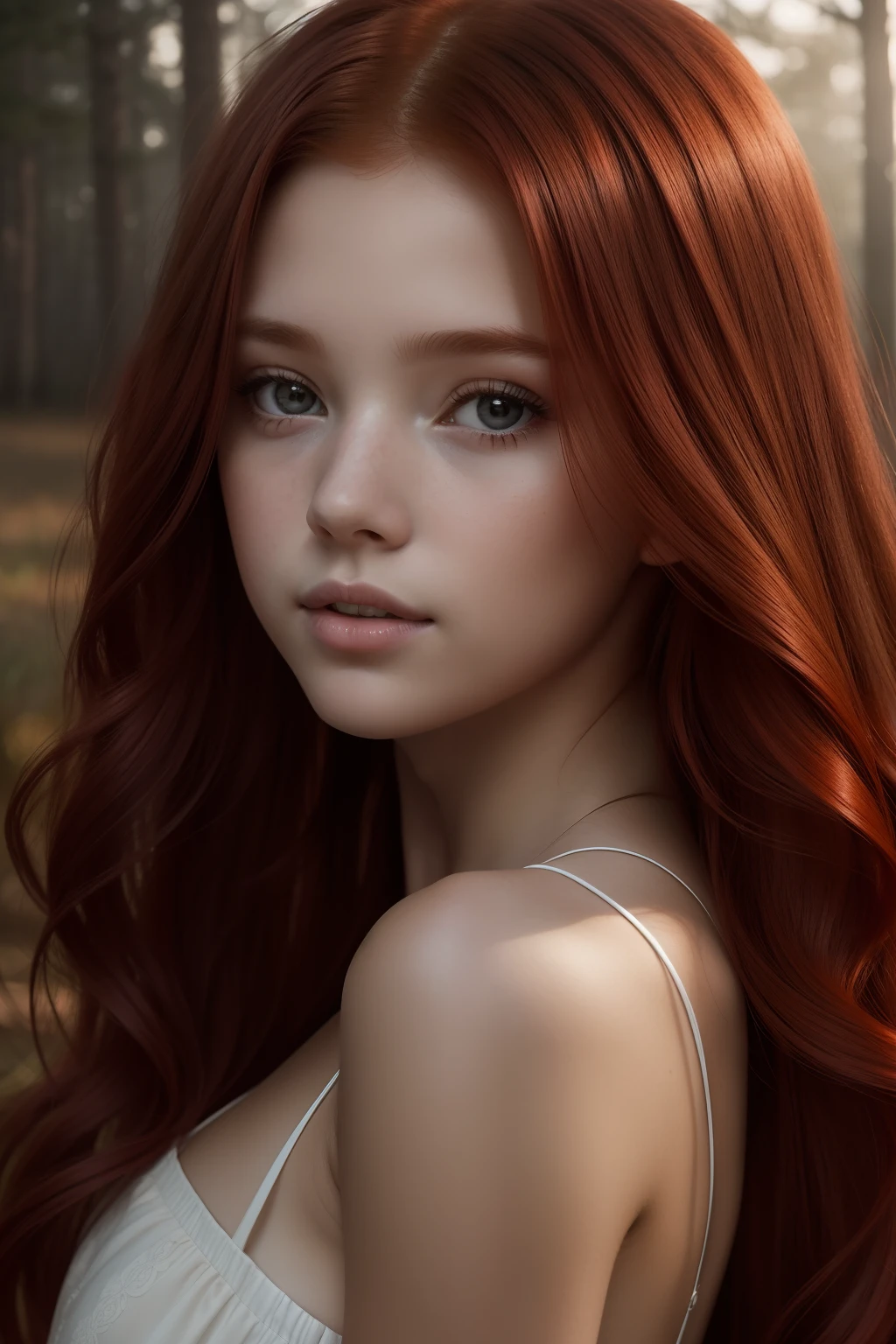 A close up of a woman with long red hair in a forest - SeaArt AI