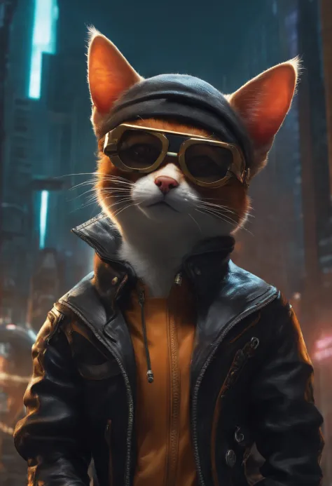 There's a cat wearing a leather jacket and glasses on a city street, gato cyberpunk, no estilo cyberpunk, tem estilo cyberpunk, Cyberpunk Streetwear, Cyberpunk))), an anthropomorphic cyberpunk fox, Cyberpunk Mouse Folk Engenheiro, estilo cyberpunk hiper-re...